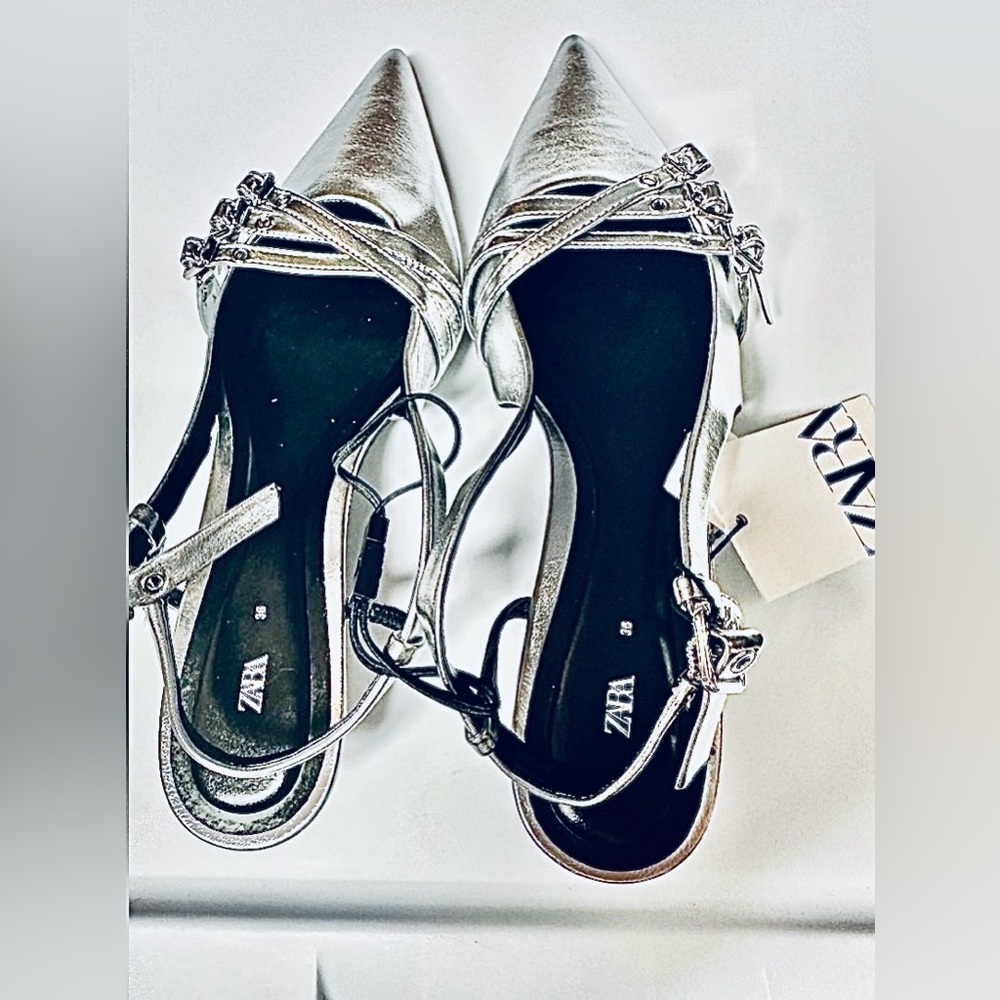 NWT Zara slingback shoe NWT Sz 6 silver cruelty-free